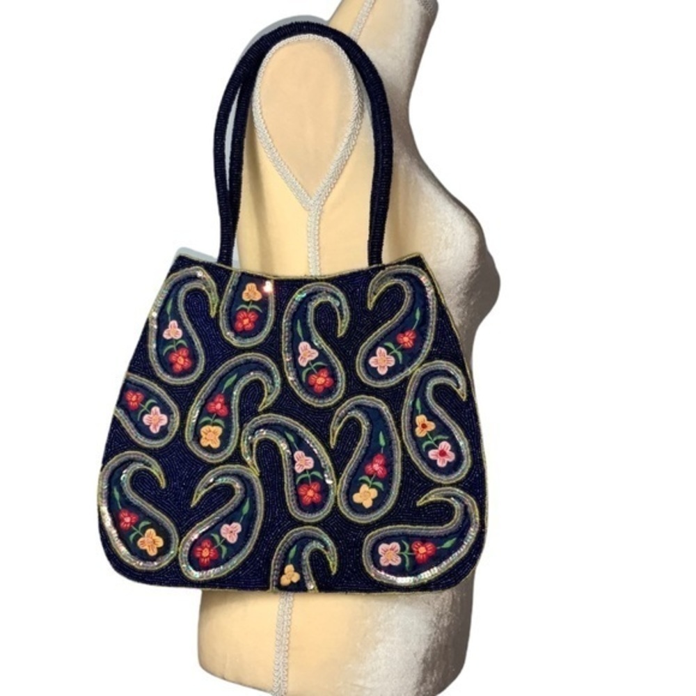 Unique/Rare Vintage Navy Beaded/Sequin/Embroidered Floral Paisley Shoulder Bag - Picture 2 of 14